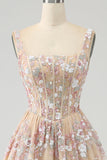 Luxurious A Line Square Neck Champagne Corset Formal Dress with Appliques