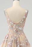 Luxurious A Line Square Neck Champagne Corset Formal Dress with Appliques