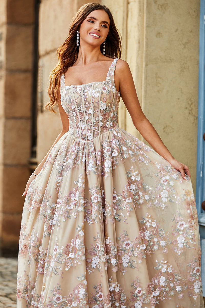 Load image into Gallery viewer, Charming A Line Square Neck Champagne Corset Formal Dress with Appliques