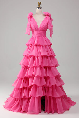 Princess A-Line V-Neck Fuchsia Formal Dress With Slit