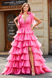 Princess A-Line V-Neck Fuchsia Tiered Formal Dress With Slit