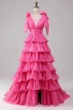 Princess A-Line V-Neck Fuchsia Formal Dress With Slit