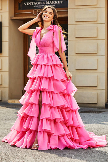 Princess A-Line V-Neck Fuchsia Tiered Formal Dress With Slit