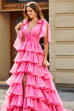 Princess A-Line V-Neck Fuchsia Tiered Formal Dress With Slit