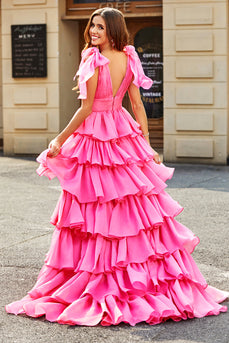 Princess A-Line V-Neck Fuchsia Tiered Formal Dress With Slit