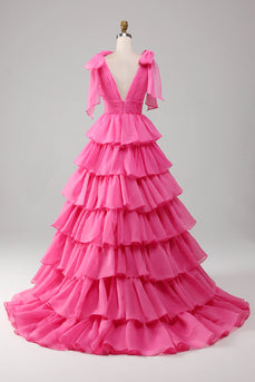 Princess A-Line V-Neck Fuchsia Formal Dress With Slit