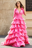 Princess A-Line V-Neck Fuchsia Tiered Formal Dress With Slit