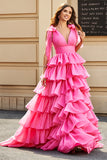 Princess A-Line V-Neck Fuchsia Tiered Formal Dress With Slit