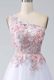 A-Line One Shoulder Pink Formal Dress with Appliques