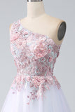 A-Line One Shoulder Pink Formal Dress with Appliques