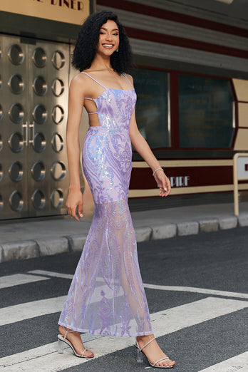 Trendy Sheath Spaghetti Straps Light Purple Long Formal Dress with Backless