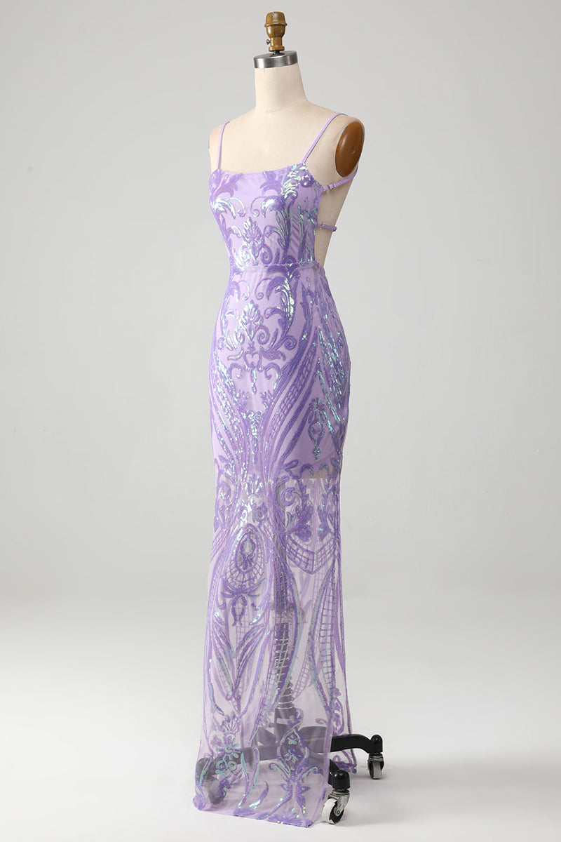 Load image into Gallery viewer, Light Purple Backless Formal Dress with Sequins