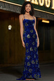 Royal Blue Mermaid Spaghetti Straps Sequins Long Formal Dress with Accessory