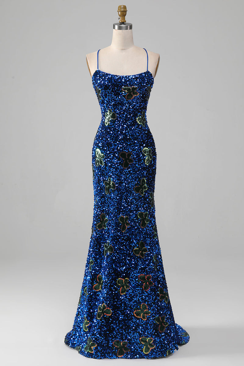 Load image into Gallery viewer, Royal Blue Mermaid Spaghetti Straps Sequins Formal Dress With Slit