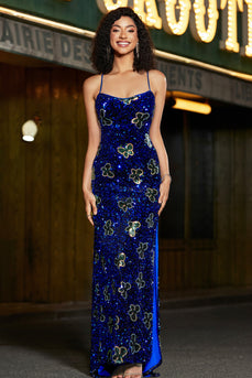 Royal Blue Mermaid Spaghetti Straps Sequins Long Formal Dress with Accessory