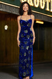 Sparkly Mermaid Spaghetti Straps Royal Blue Sequins Long Formal Dress with Criss Cross Back