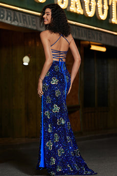 Sparkly Mermaid Spaghetti Straps Royal Blue Sequins Long Formal Dress with Criss Cross Back