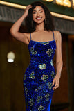 Sparkly Mermaid Spaghetti Straps Royal Blue Sequins Long Formal Dress with Criss Cross Back