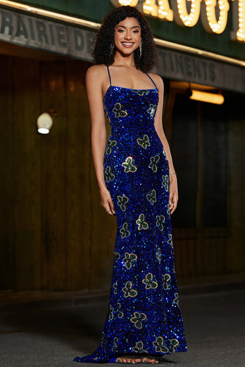 Sparkly Mermaid Spaghetti Straps Royal Blue Sequins Long Formal Dress with Criss Cross Back