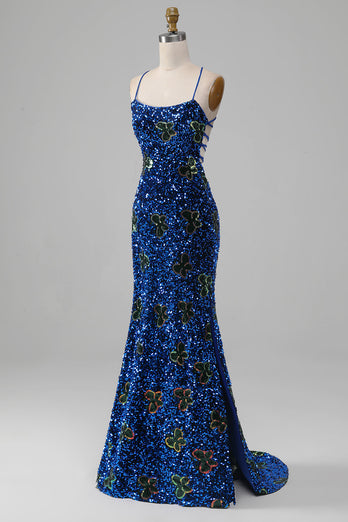 Royal Blue Mermaid Spaghetti Straps Sequins Formal Dress With Slit
