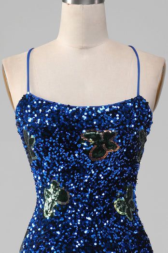 Royal Blue Mermaid Spaghetti Straps Sequins Formal Dress With Slit