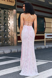 Trendy Pink Sheath Spaghetti Straps Split Front Formal Dress with Accessory