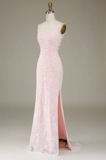 Mermaid Sparkly Pink Formal Dress with Slit