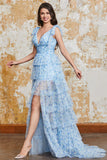 Princess A Line V Neck Blue Long Formal Dress with Ruffles Slit