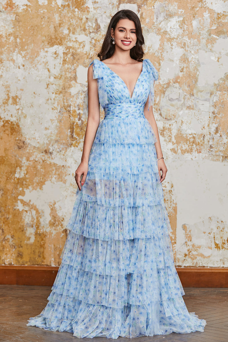 Load image into Gallery viewer, Princess A Line V Neck Blue Long Formal Dress with Ruffles Slit