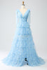 Load image into Gallery viewer, A-Line V-Neck Light Blue Tiered Formal Dress