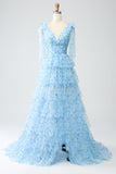 A-Line V-Neck Light Blue Tiered Formal Dress