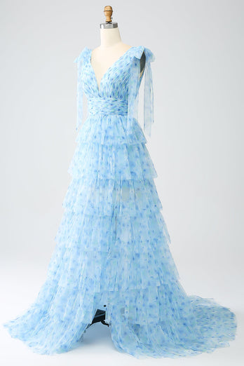 A-Line V-Neck Light Blue Tiered Formal Dress