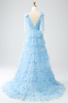 A-Line V-Neck Light Blue Tiered Formal Dress