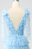 A-Line V-Neck Light Blue Tiered Formal Dress