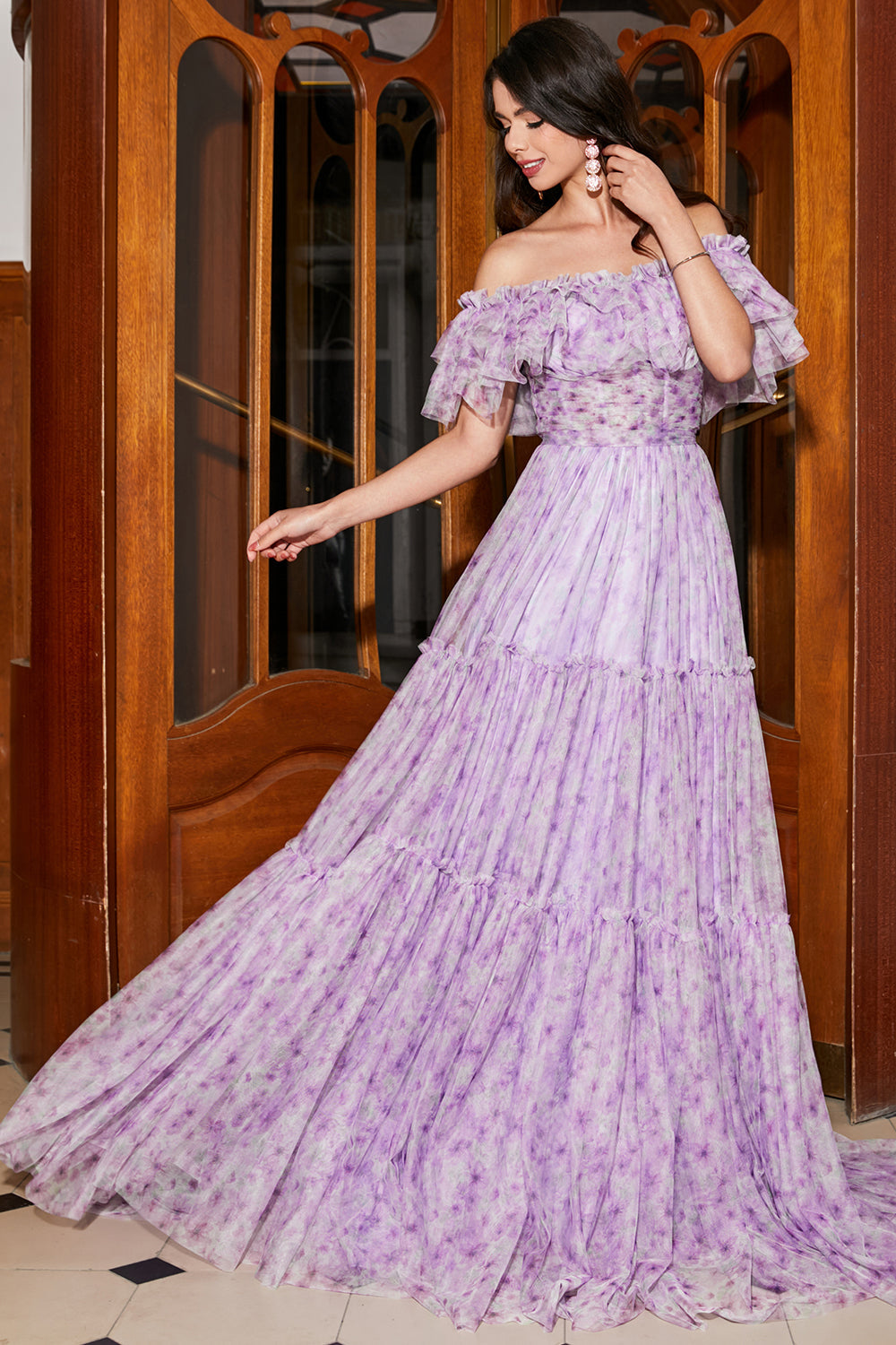 Gorgeous A Line Off the Shoulder Lilac Floral Long Prom Dress with Ruffles