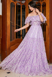 Gorgeous A Line Off the Shoulder Lilac Floral Long Formal Dress with Ruffles