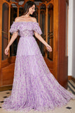 Gorgeous A Line Off the Shoulder Lilac Floral Long Formal Dress with Ruffles