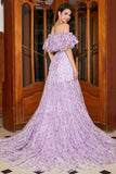 Gorgeous A Line Off the Shoulder Lilac Floral Long Formal Dress with Ruffles