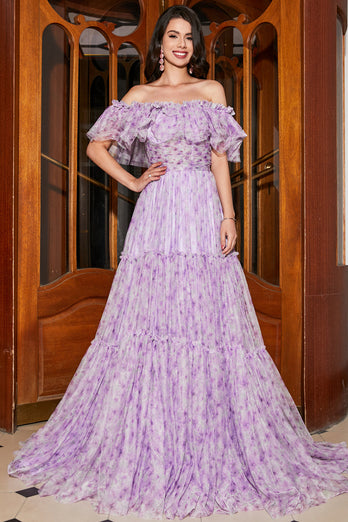 Gorgeous A Line Off the Shoulder Lilac Floral Long Formal Dress with Ruffles