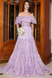 Gorgeous A Line Off the Shoulder Lilac Floral Long Formal Dress with Ruffles