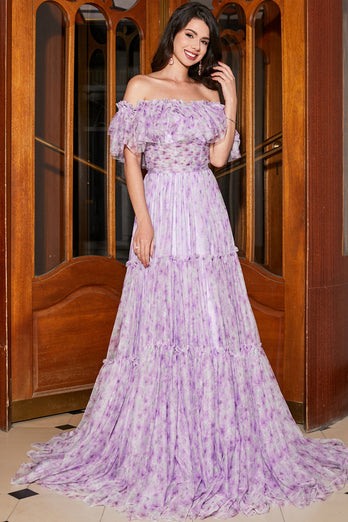 Gorgeous A Line Off the Shoulder Lilac Floral Long Formal Dress with Ruffles