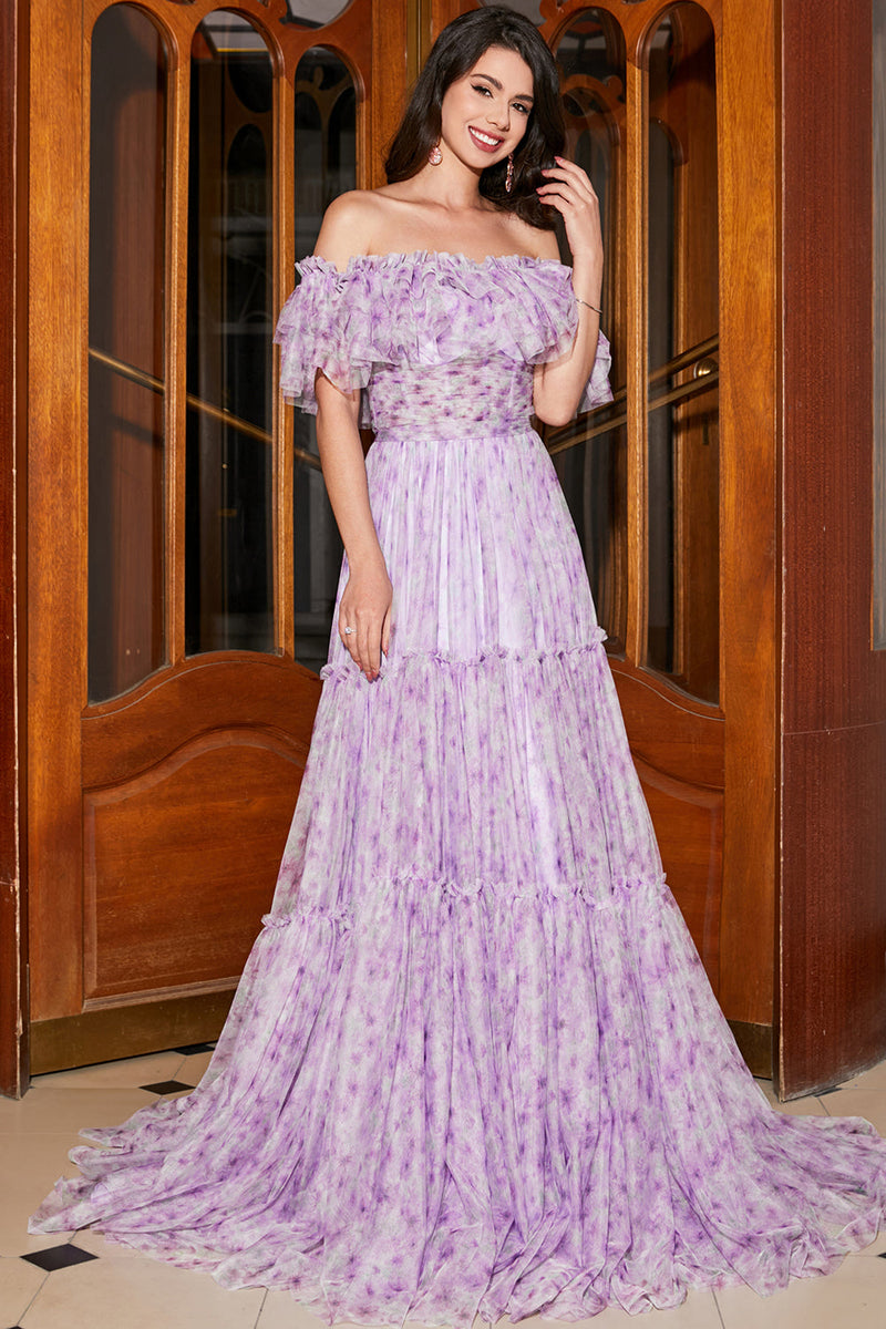 Load image into Gallery viewer, Gorgeous A Line Off the Shoulder Lilac Floral Long Formal Dress with Ruffles