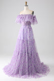 Lilac Floral Off the Shoulder Long Ruffled Formal Dress