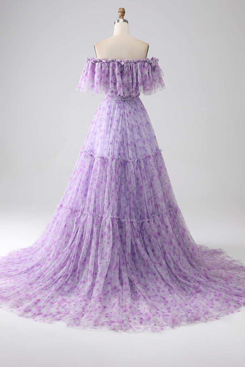 Load image into Gallery viewer, Lilac Floral Off the Shoulder Long Ruffled Formal Dress