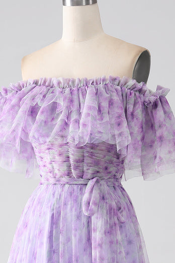 Lilac Floral Off the Shoulder Long Ruffled Formal Dress