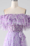 Lilac Floral Off the Shoulder Long Ruffled Formal Dress