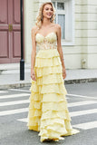 Gorgeous A Line Sweetheart Yellow Corset Formal Dress with Appliques Ruffles