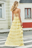 Gorgeous A Line Sweetheart Yellow Corset Formal Dress with Appliques Ruffles