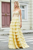 Load image into Gallery viewer, Gorgeous A Line Sweetheart Yellow Corset Formal Dress with Appliques Ruffles