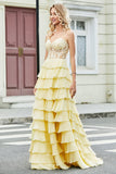 Gorgeous A Line Sweetheart Yellow Corset Formal Dress with Appliques Ruffles